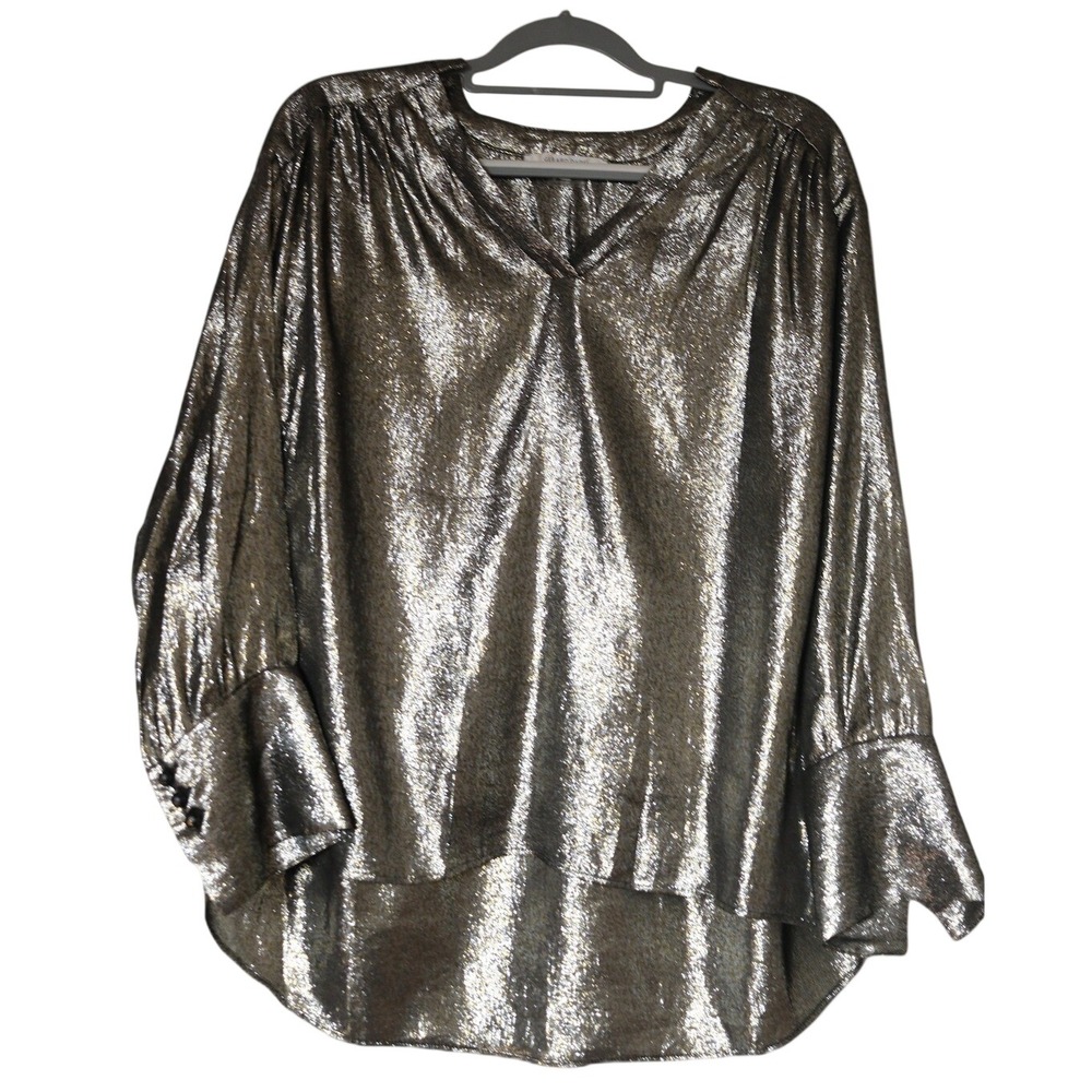 Gerard Darel Paris Metallic Silk Blend Blouse Gold Silver V-Neck LS Sz 44  US 12